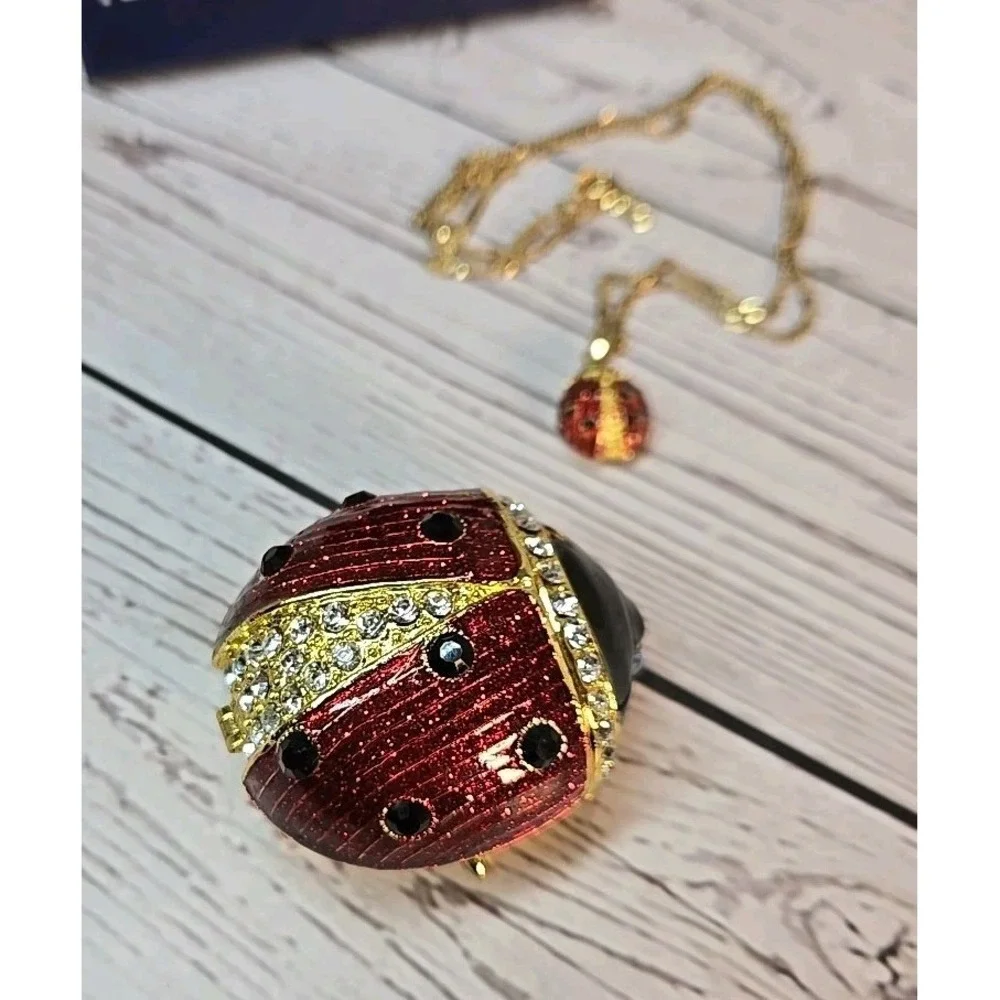 Kingspoint Designs Ladybug trinket box w/ necklace red enamel Jewelry Rhinestone